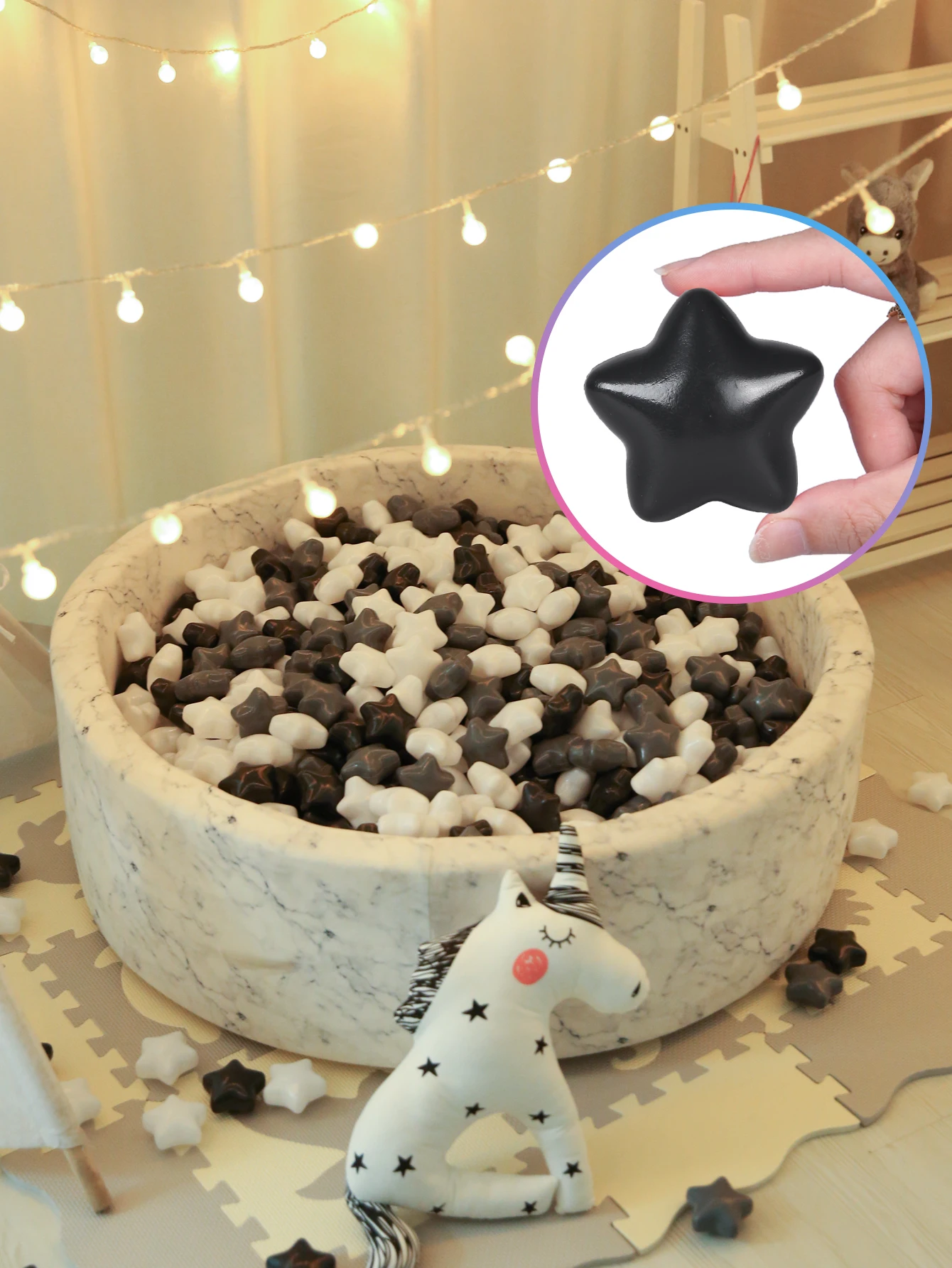 Soft Plastic Ball Pit Balls 2.67inch 150pcs BPA Free Non-Toxic Star Ball 3 Colours Black White and Grey