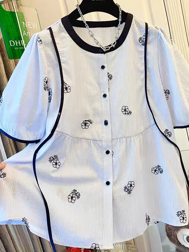 

plus Size Women's Short Sleeve Shirt Embroidered Flower Doll Sweet Youthful Summer Cotton Bubble Sleeve round Neck Regular Le...