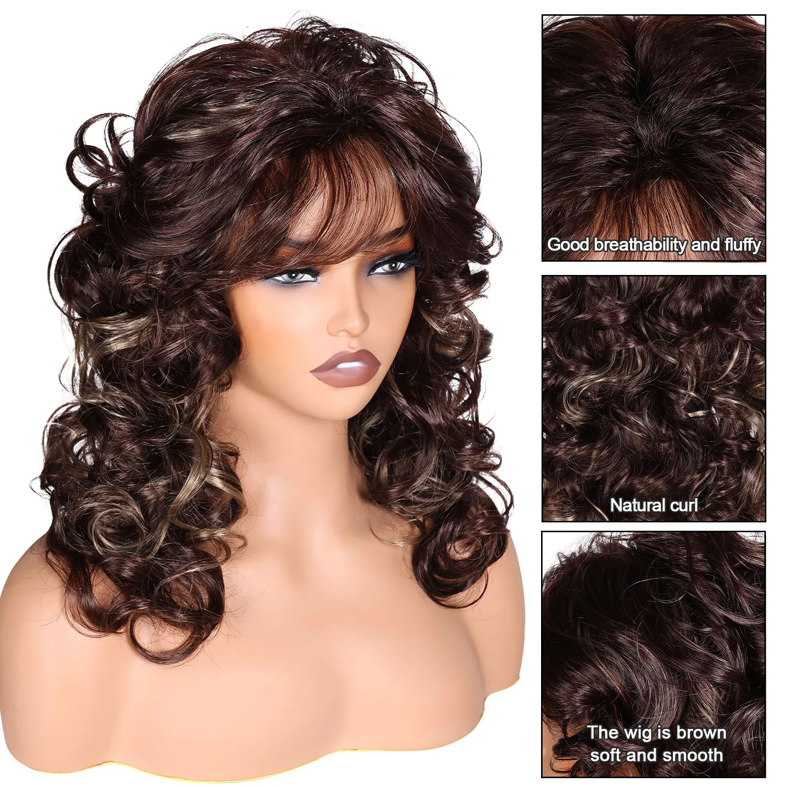 BCHR Long Curly Wavy Dark Brown Wigs with Bangs for Women Natural Looking Heat Resistant Synthetic Wigs