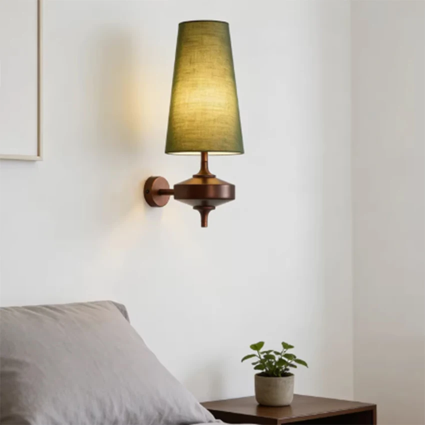 French retro walnut solid wood wall lamp creative fabric lampshade suitable for bedroom bedside porch living room background wal