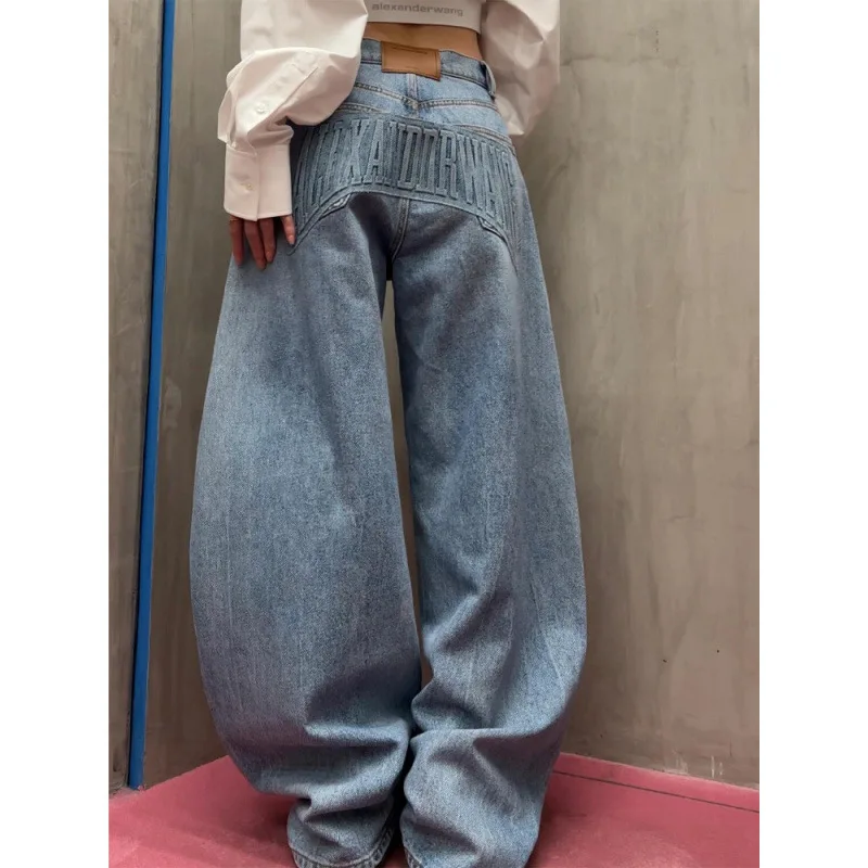 

Unisex Jeans 2025 Autumn Women's Wasteland Style Jeans Retro Letter Embossed Loose Slim Fit Floor Grazing Barrel Denim Pants