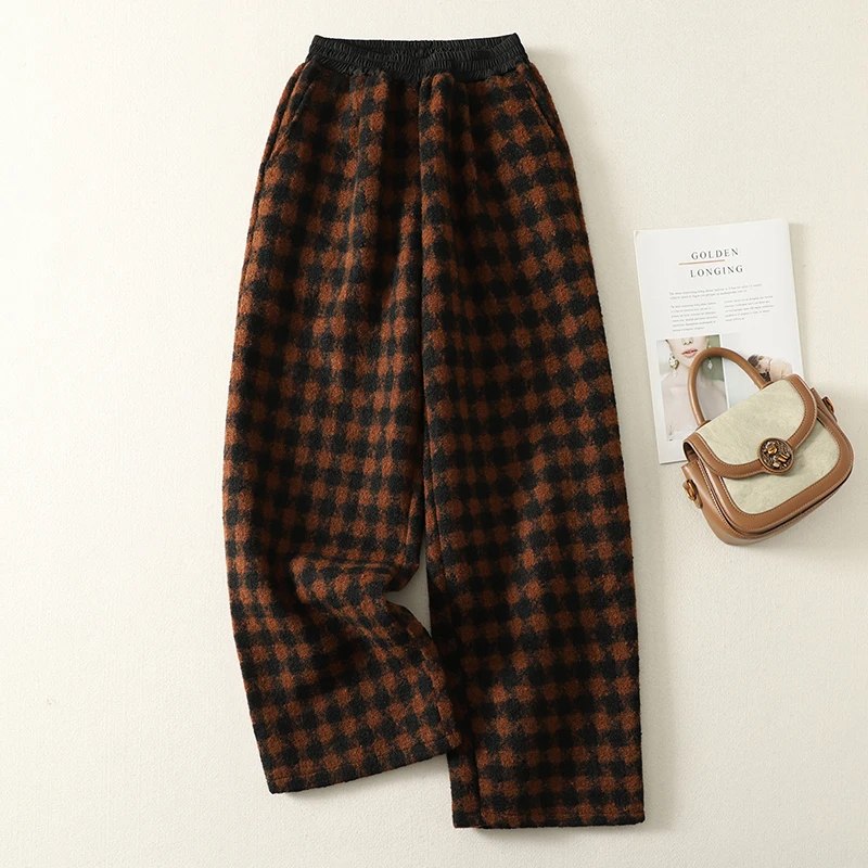 الرجعية منقوشة بنطال ذو قصة أرجل واسعة حجم كبير عادية تسع نقاط Thiened المرأة الهتاف مستقيم أنبوب بنطلون الخريف الشتاء القطن