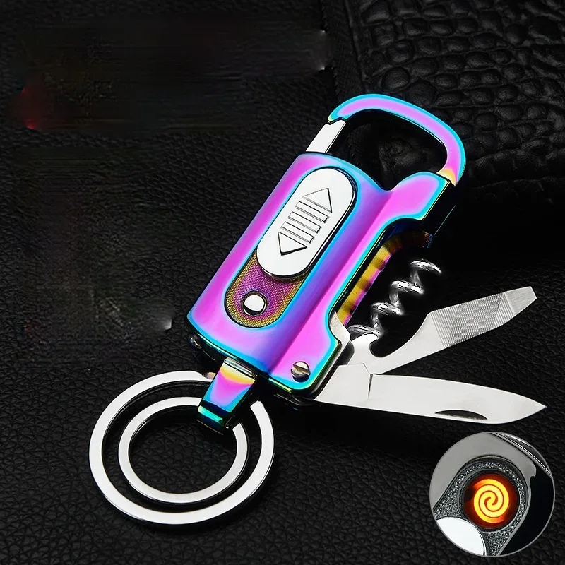 Multifunctional Keychain Lighter USB Charging Cigarette Lighter Wine Opener Knife Flat Screwdriver Metal Windproof Lighter