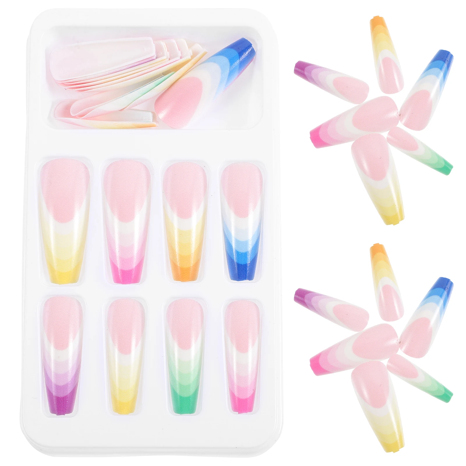 24Pcs Super Long Rainbow False Nails Gradient Color Press on Nails Eye Catching Shiny Charming Elegant Daily Life