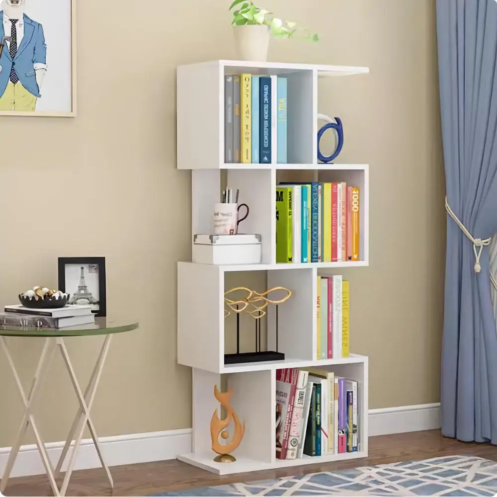 4 Tier Storage Shelf S Shaped Bookcase,Multifunctional Wooden Display Decor Furniture Standing for Living Room Bedroom Office