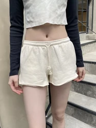 Casual Women Cotton Beige Drawstring Shorts 2024 Summer Vintage High Elastic Waist Shorts  Solid Color Female Chic Bottoms