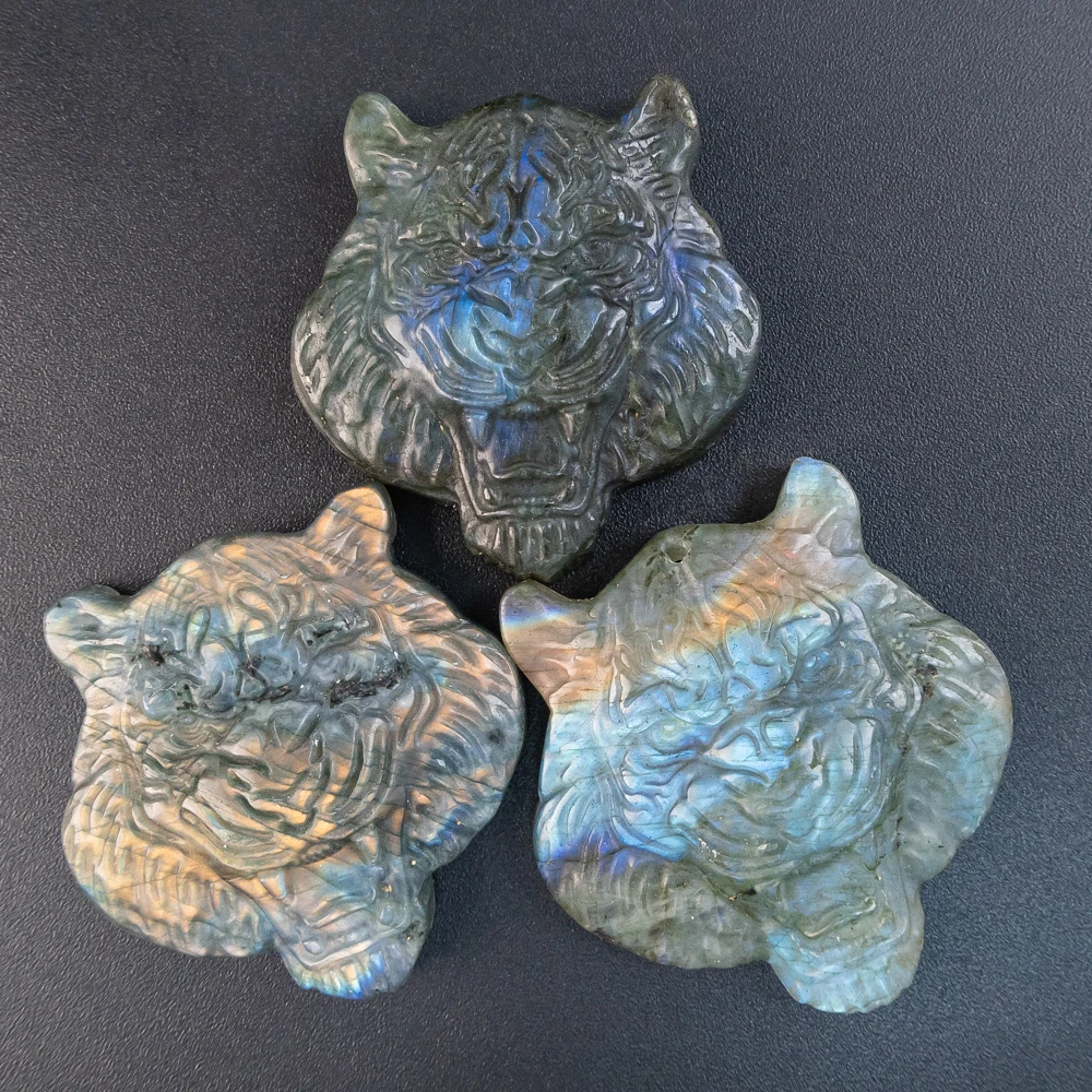 Premium Flash Labradorite Pendant Blue Flash Exclusive Tiger Head Shape Semi-Finished Pendants for DIY Jewelry Gift 40X40X11MM