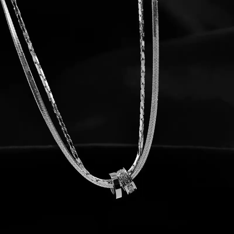 Trendy Stainless Steel Double Layer Necklace for Women Fashion Crystal Bead Pendant Necklaces Clavicle Chain Party Jewelry image 6