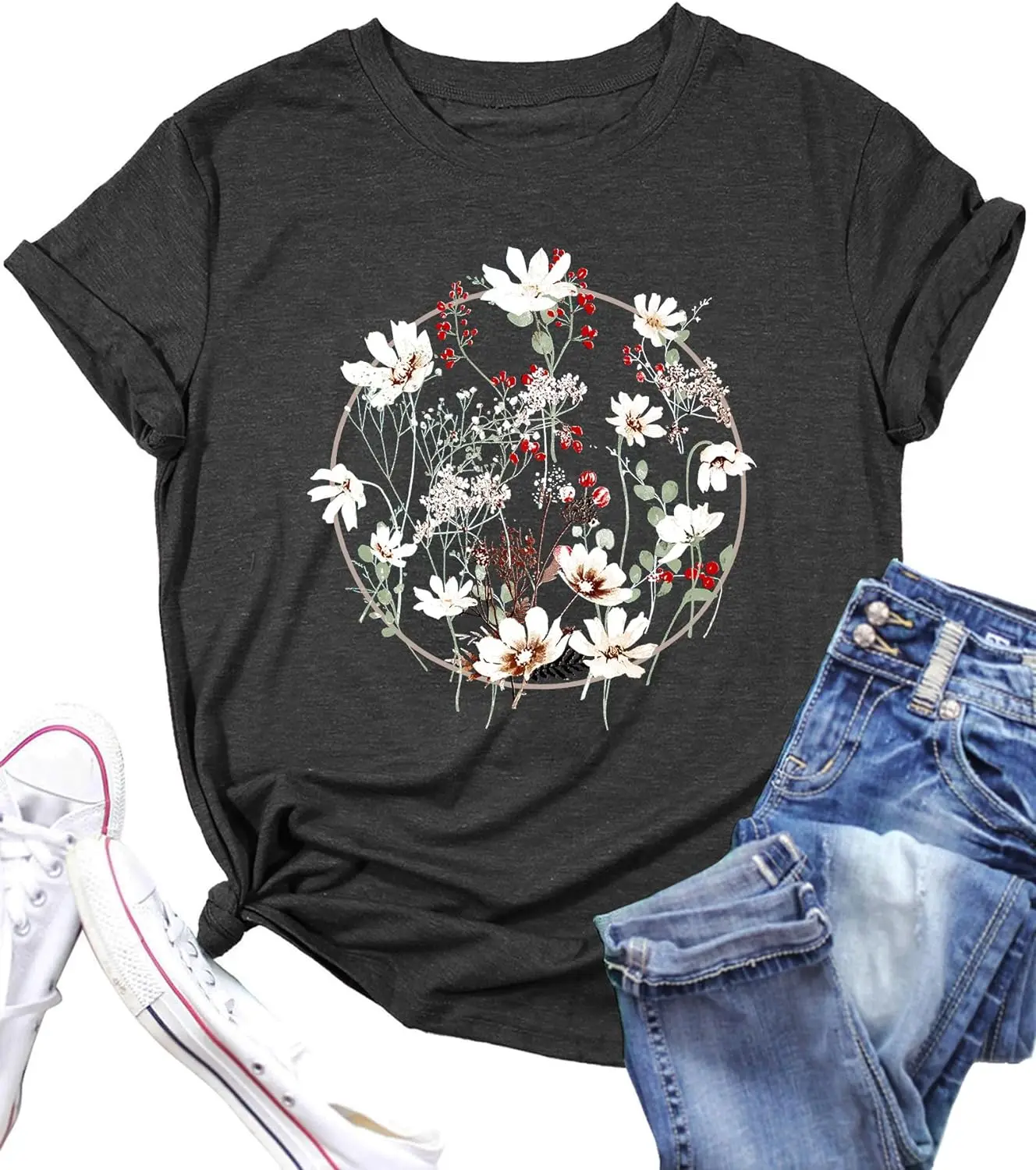 

Vintage Flowers Shirt Women: Boho Floral T-Shirt Flower Graphic Shirt Wildflowers Tees Short Sleeve Casual Tops