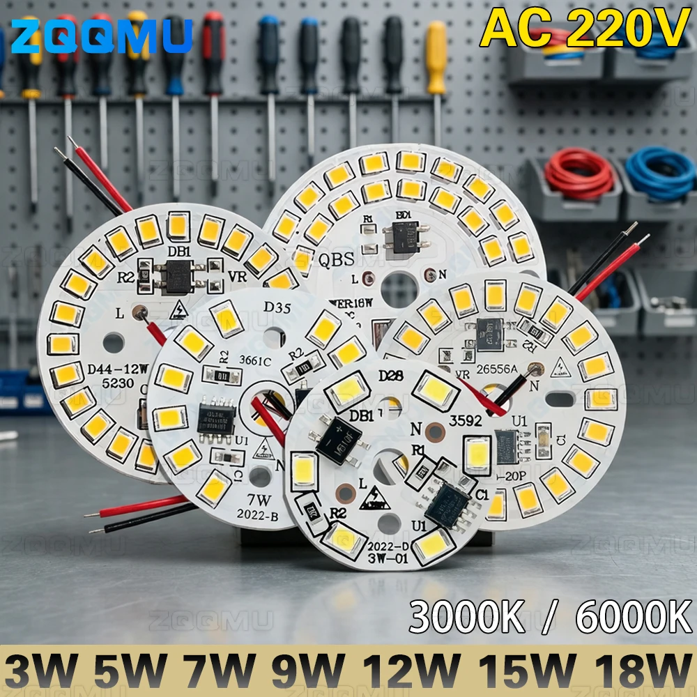 10PCS AC220V Driver-Free 3W 5W 7W 9W 12W 15W 18W High Voltage Round LED Chip Panel Light Warm Light White DIY Module Light Panel