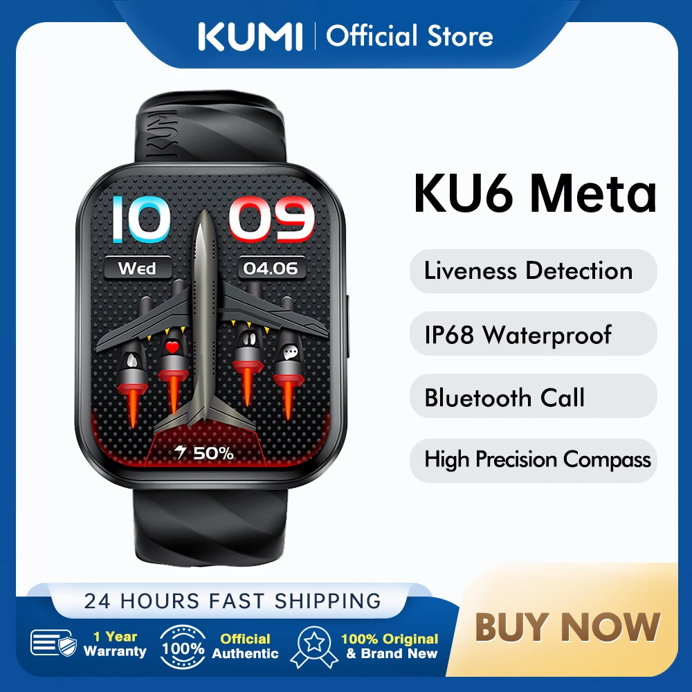 

World Premiere KUMI KU6 Meta Smart Watch IP68 Waterproof 1.96" 100+Exquisite Dial with Compass Bluetooth Call Liveness Detection