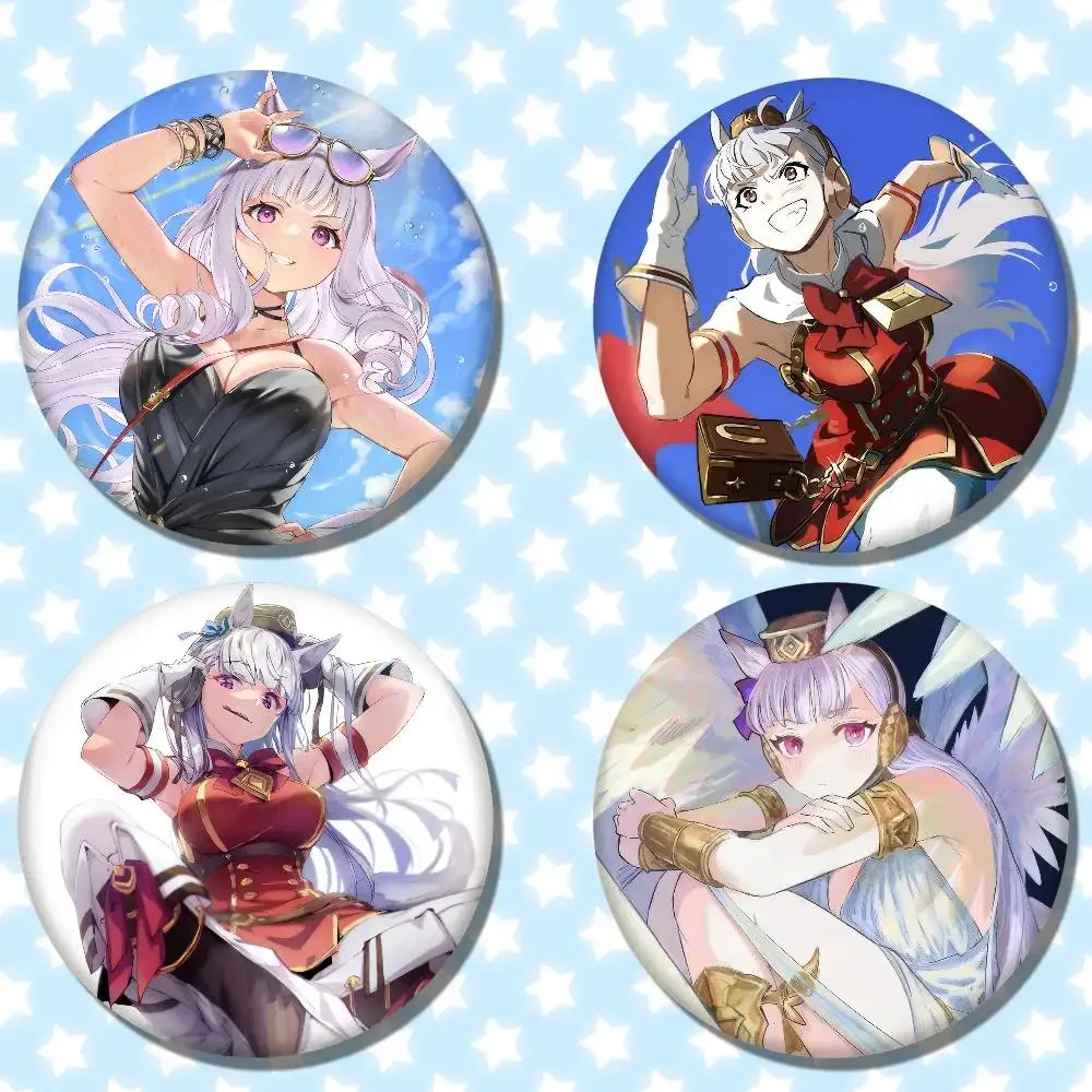 سفينة ذهبية أنيمي Umamusume PrettyDerby شارات رائعة رائعة أنيمي شارة ليزر مستديرة الكرتون بروش الملابس ظهره الملحقات