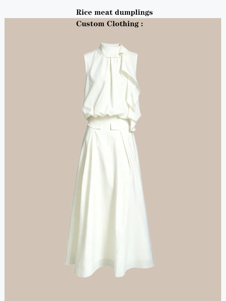 

Summer Korean Style Set High Waist Midi Skirt Sleeveless Vest Hanging Neck Top with Lace Trim Two Piece Set Women Fashion