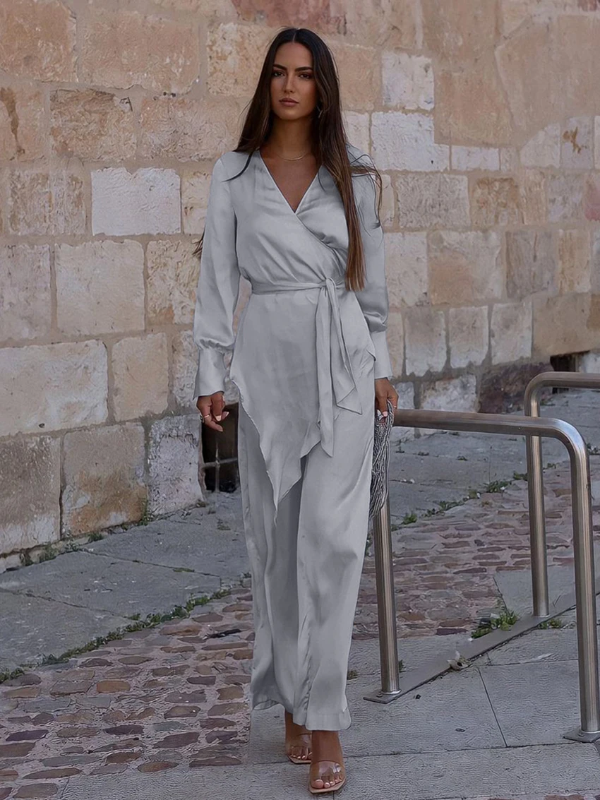 Marthaqiqi Autumn Ladies Nightgown Suit Long Sleeve Pajama Lace Up Sleepwear Sexy V-Neck Nightie Pants Gray Female Nightwear Set