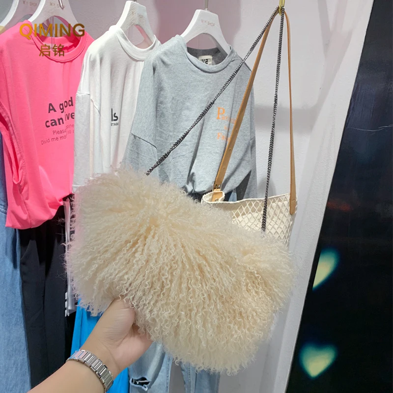 Real Lamb Beach Wool Fur Bag Plush Purses and Handbags Shoulder Bag Money Purse Furry Crossbody Bags For Women Luxury Handbag