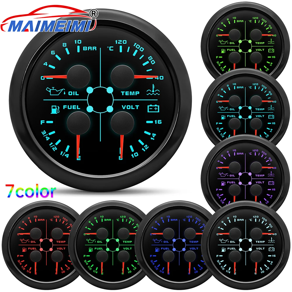 85mm Boat Speedometer 7 colors 4 In1 Multifunctional Gauge oil pressure+Water Temp+Fuel gauge+voltage for Car Marine Boat 12V