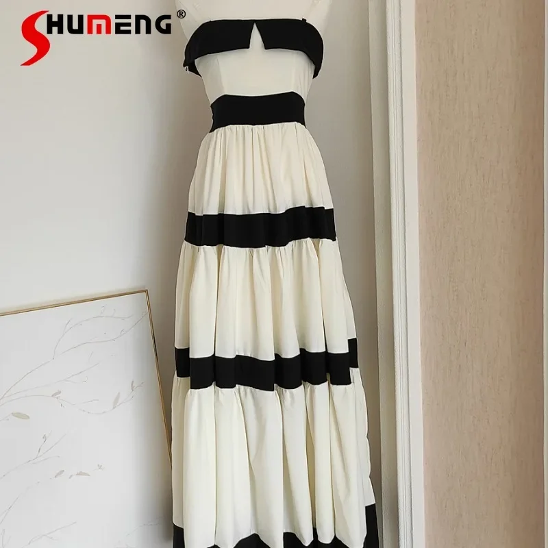 

2024 Autumn New French Hepburn Style Vestidos Stripes Contrasting Color Three-dimensional Bow Slim And Thin Tube Top Dress Women