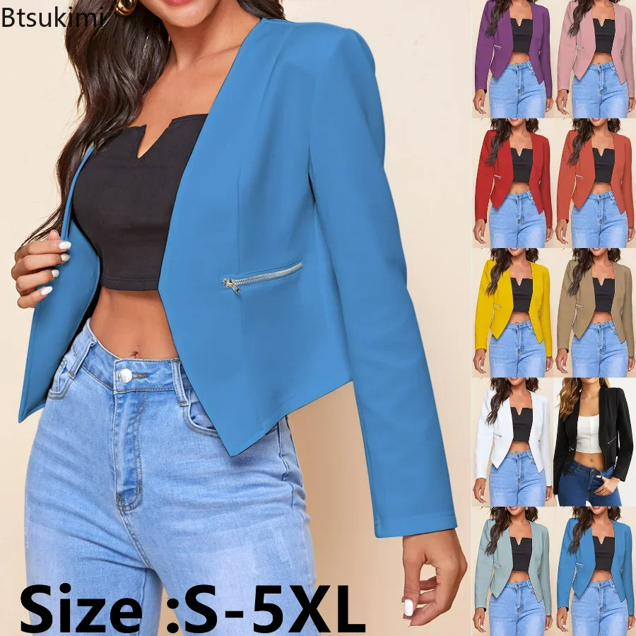 

2024 Women's Blazer Suits Oversized Zipper Pockets Spring Autumn Ladies Formal Office Suits Jacket Coats Female Blazer Mujer 5XL