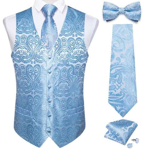 Men Black Paisley Vest Necktie Bowtie Pocket Square Cufflinks Dress Set жилетка мужская Classic 5 PCS Business Waistcoat for Man - Image 13