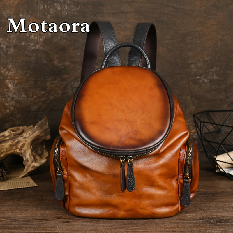 MOTAORA New Retro Cowhide Women\'s Backbag Genuine Leather Solid Color Handbag Large Capacity Soft Travel Schoolbag Shoulder Bag