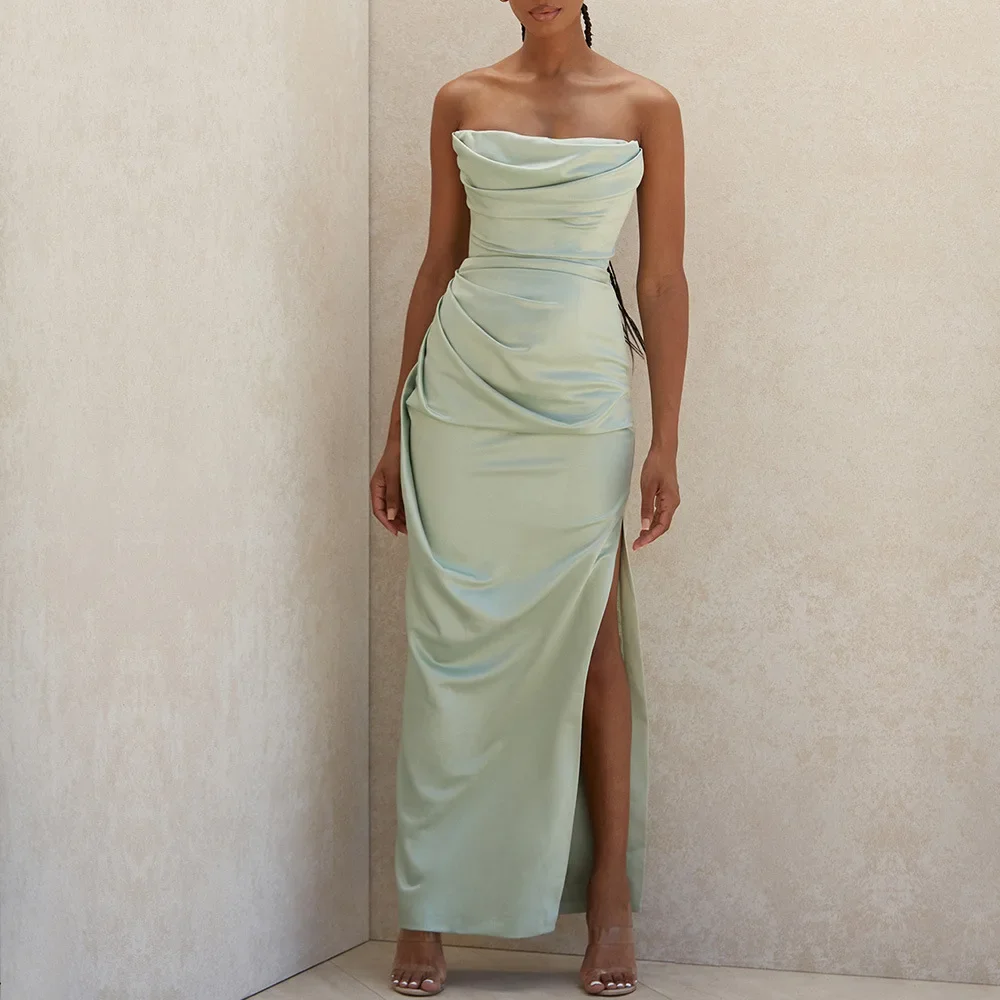 

Sexy Chest Wrapped Long Skirt High Split Dress Women Off Shoulder Solid Silm Sleeveless Long Dress Fashion Party LM043