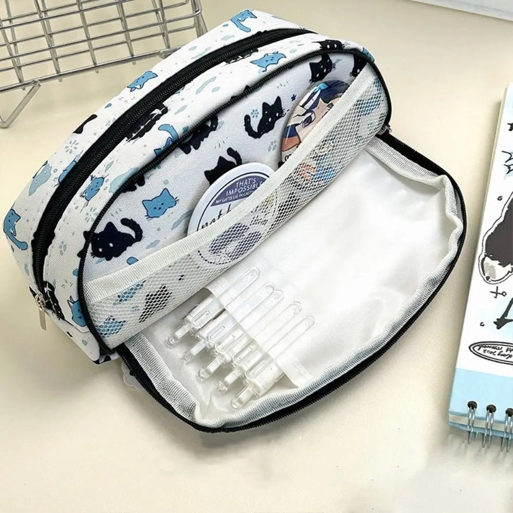 High Quality Large Capacity Pen Bag Cute Snow Cat Double Zipper Stationery Bag Multifunctional Pencil Case Student Gift