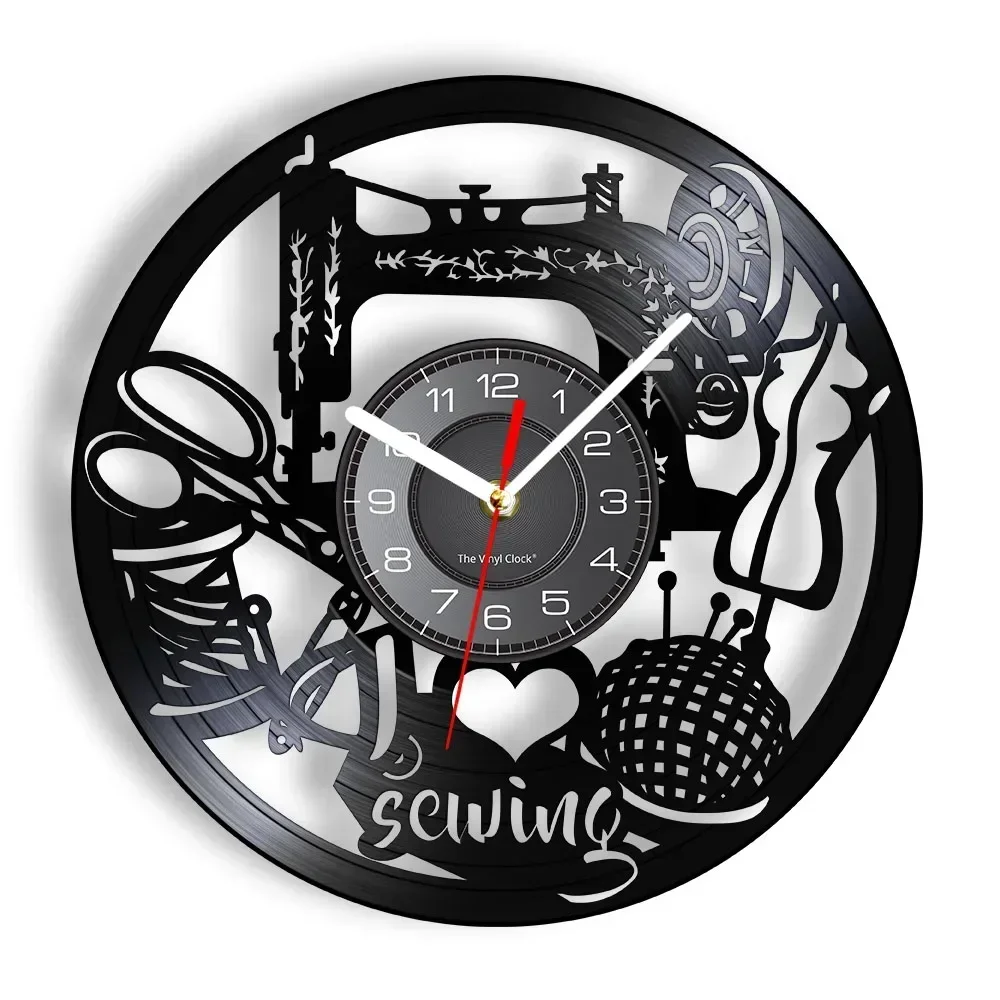 Vintage Sewing Artwork Wall Clock Sewing Machine Cross Stitch Vinyl Record Wall Clock Retro Quilting Home Decor Mama's Gift