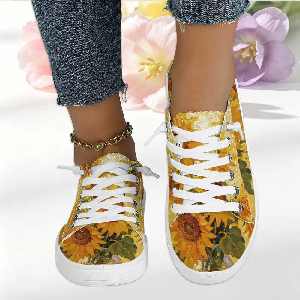 Women's Van Gogh Sunflower Oil‑Painting Art Print Lace‑Up Canvas Shoes, Retro Literary Casual Sneakers