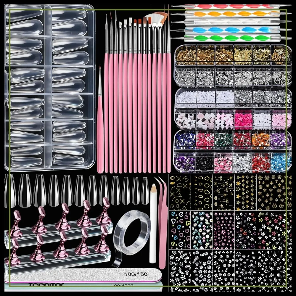 

Acrylic Nail Kit with Coffin Tips, Charms, Gems, Stickers, Brushes, Dotting Tools, Stand - DIY Press On Nails Set
