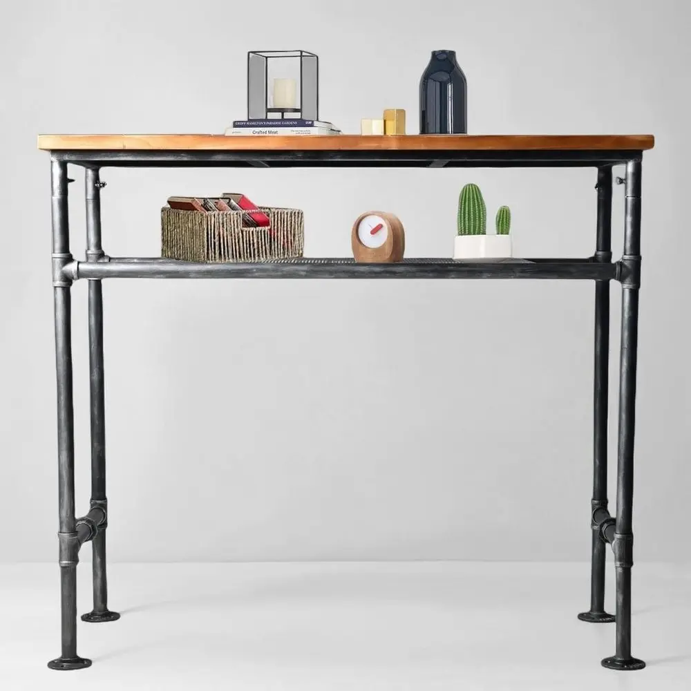 

Rustic Metal and Wood Industrial Bar Table with 2-Tier Storage, Suitable for 4-5 People