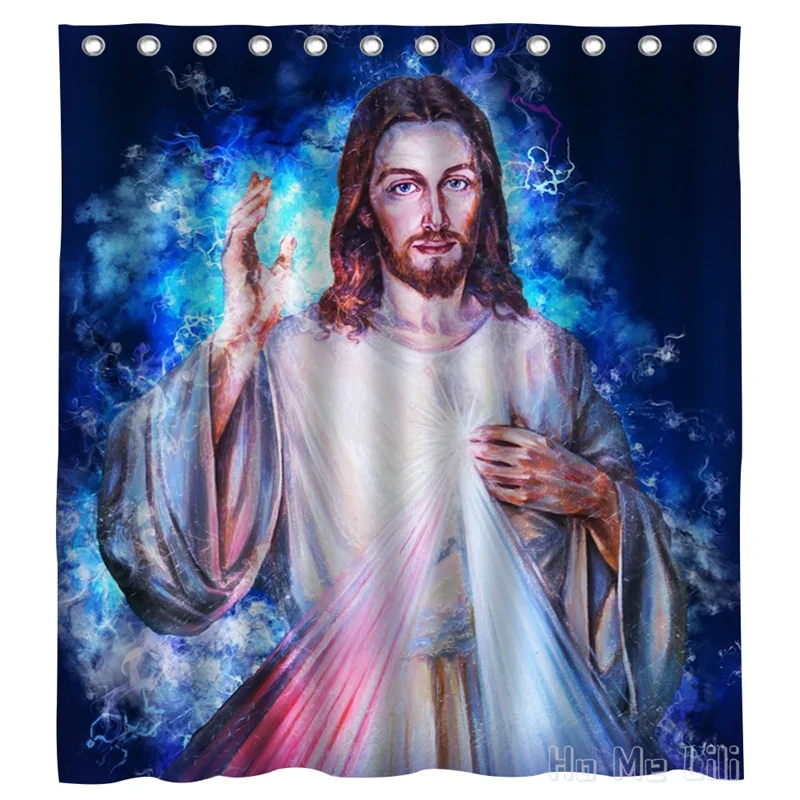 The Holy Jesus Watches You With Red And Blue Light Of Lightning By Ho Me Lili Shower Curtain With Hooks