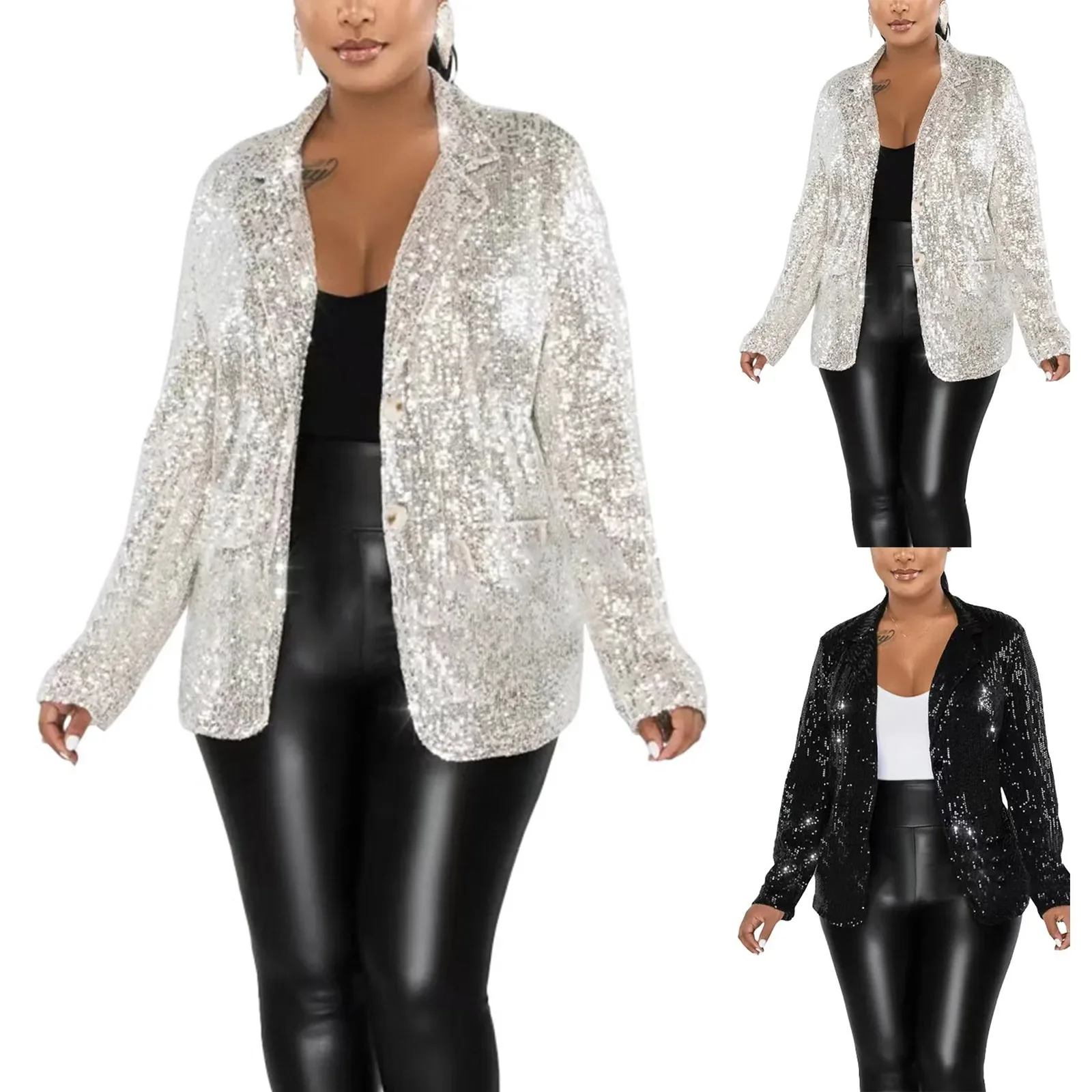 Fashion Sexy Sequin Jacket for Women Open Front Blazer Sparkle Top Long Sleeve Cardigan Coat Bomber Jackets Y2K Blouses Clubwear