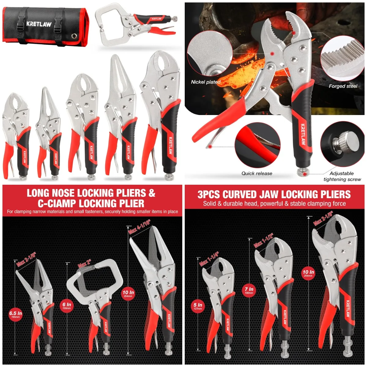 

Набор плоскогубцев для тисков, 6-компонентные плоскогубцы с длинным носом и изогнутыми губками, C-образный зажим 6 дюймов, катящийся чехол