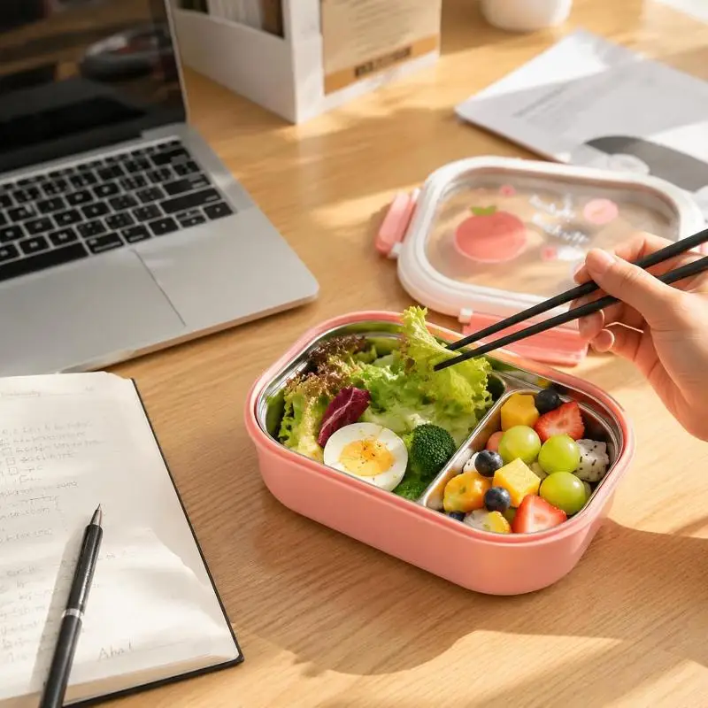 Food Grade 304 Stainless Steel Lunch Box Split Bento Box Reusable for Home Office School Outdoor Picnic Use