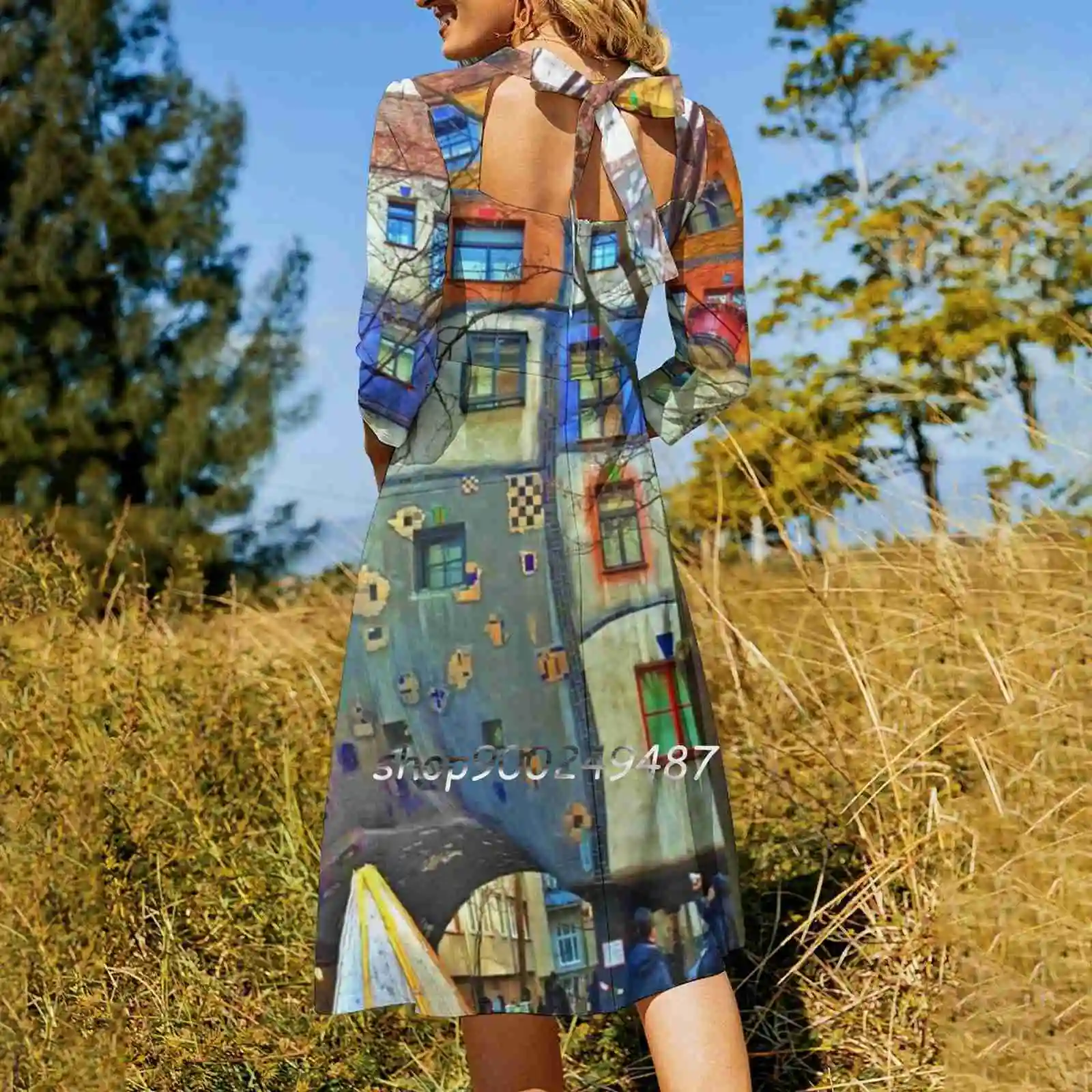 Hundertwasser House Vienna Square Neck Dress Cute Loose Print Dresses Elegant Beach Party Dress Hundertwasser House Vienna