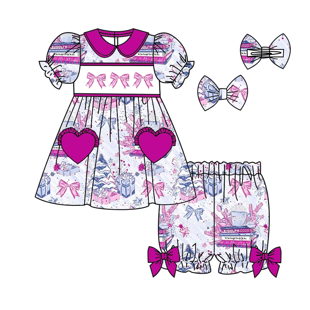 

Summer children's clothing baby girl newborn Christmas bow print short sleeve shorts suit cute home pajamas for baby girls outfi