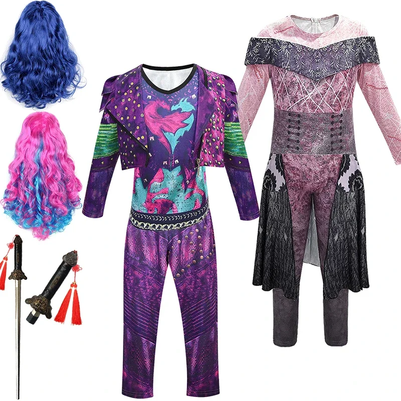 

Halloween Cosplay Party Princess Descendants Costumes Carnival Girls Evie Mal Jumpsuit Street Punk Style Children's Clothing Set