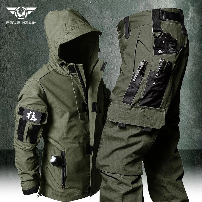 Conjunto de jaqueta com capuz militar e calças cargo masculino, à prova de vento, impermeável, solto, resistente, bolso múltiplo, outono, 2 peças