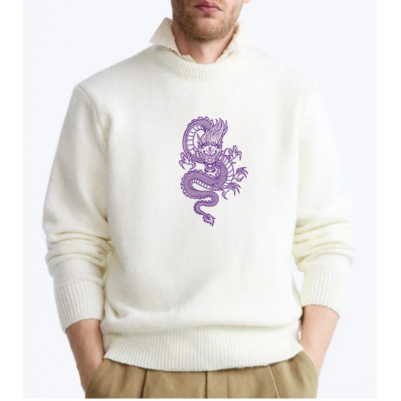 Men Purple Dragon Print Sweater Y2K Vintage Couple Hip Hop Knit Sweaters Autumn Fashion Harajuku Gothic Casual Loose Pullover