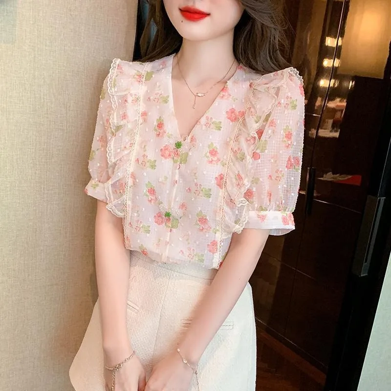 Women Summer Korean Loose Printing Temperament Lace V-neck Short Sleeve Chiffon Shirts Ladies Casual All-match Sweet Floral Tops