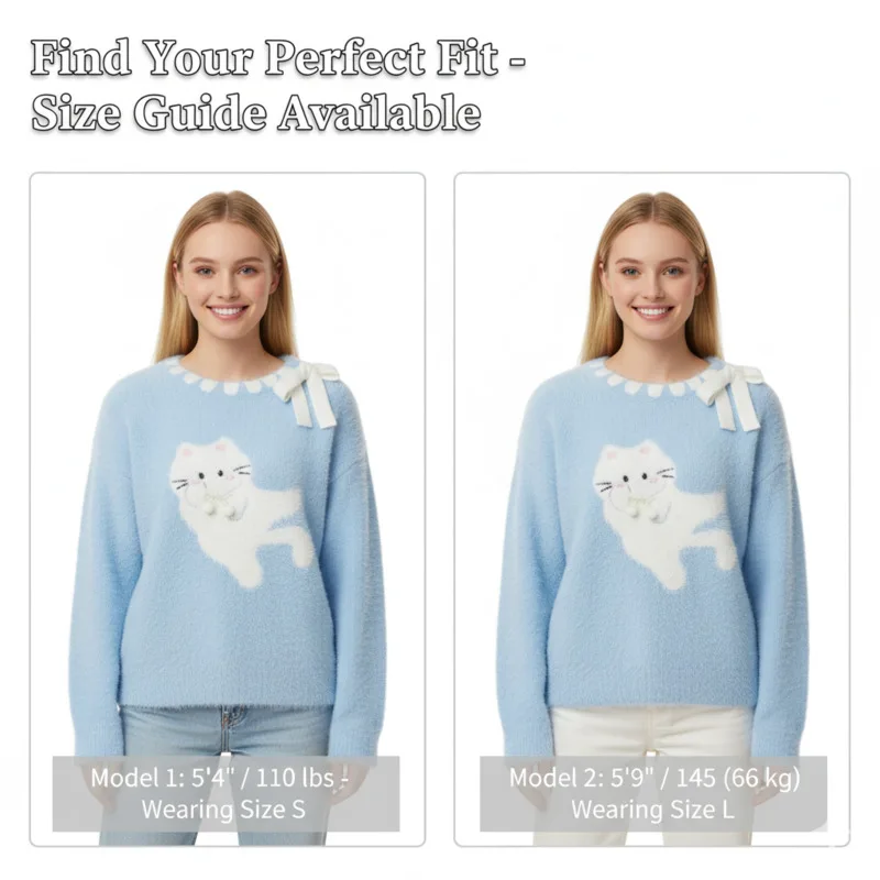 

Cat Jacquard Sweater For Girls Y2K Casual Loose Knit Fleece Lined Warm Pullover Thick Cozy Winter Sweater Arrival Loose Top New