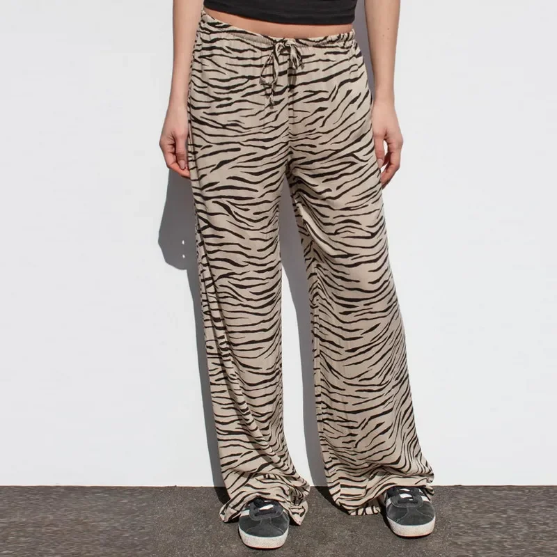 

Women Wide-Leg Pants Stripe/Zebra Pattern/Leopard Print Drawstring Elastic Waist Trousers