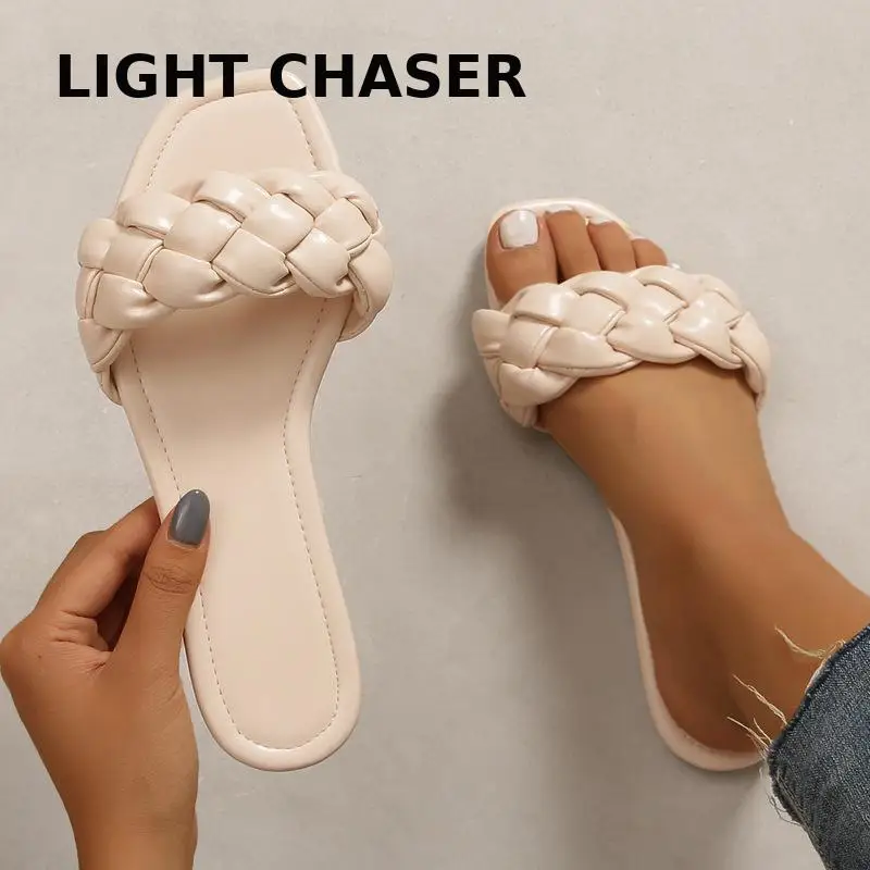 Women Square Toe Flat Slippers Beach Sandals Women's Casual Flip Flops Woman Weave Shoes Ladies Female Slides Fashion Slipper