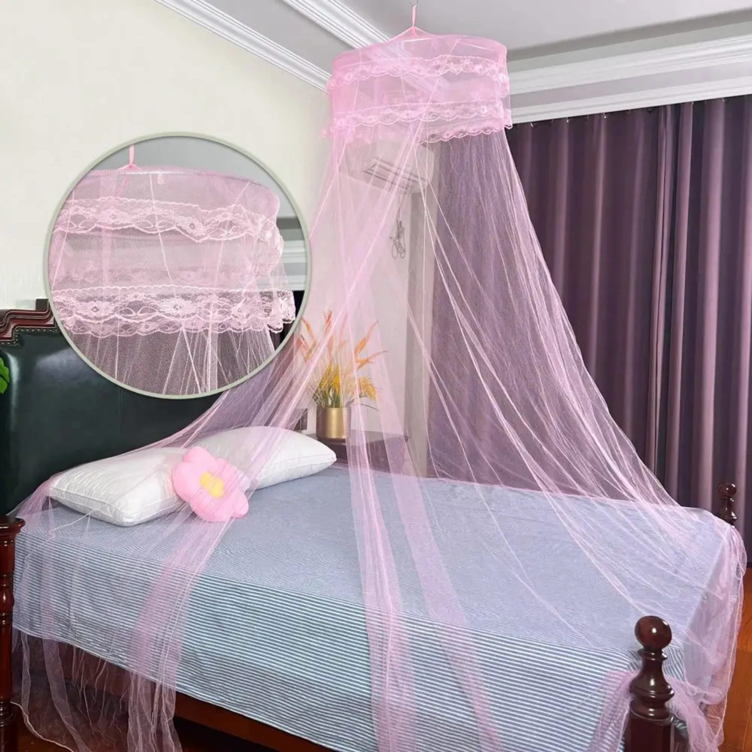 xquisite Lace Trimmed Double Layer Princess Ceiling Mosquito Net for Girls' Bedroom and Garden Decor