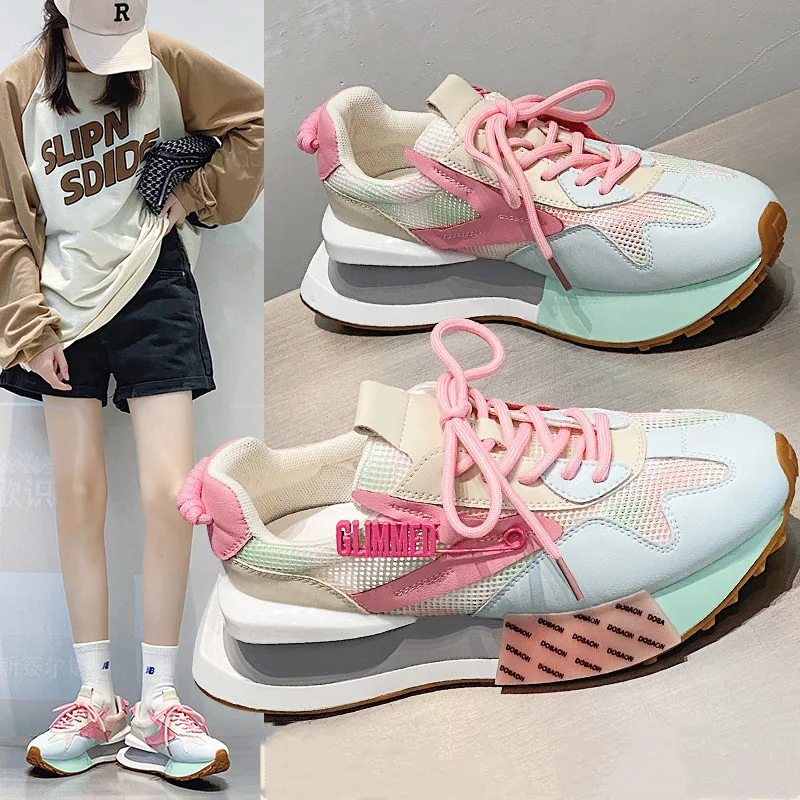 Korea Style 2022 New Color Matching Sneakers Women Shoes Casual Shoes Lace-up Woman Flat with Ladies Shoes Women Sneakers