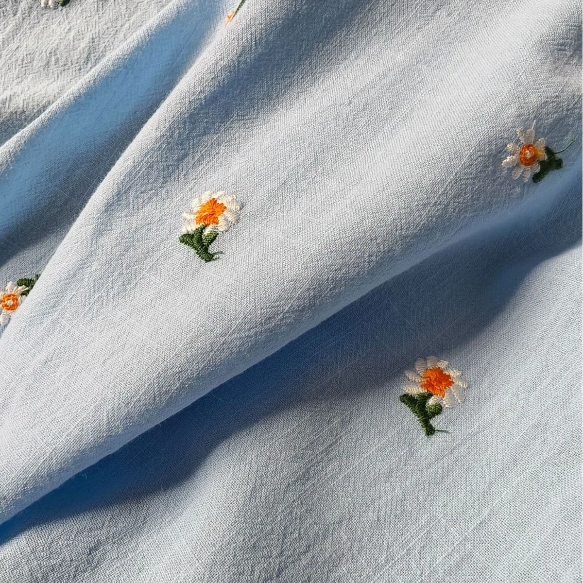 Light Blue sunflower Embroidered Fabric Linen Cotton Blended Clothing Dress Fabric Women's Clothing Children's Clothing Fabric