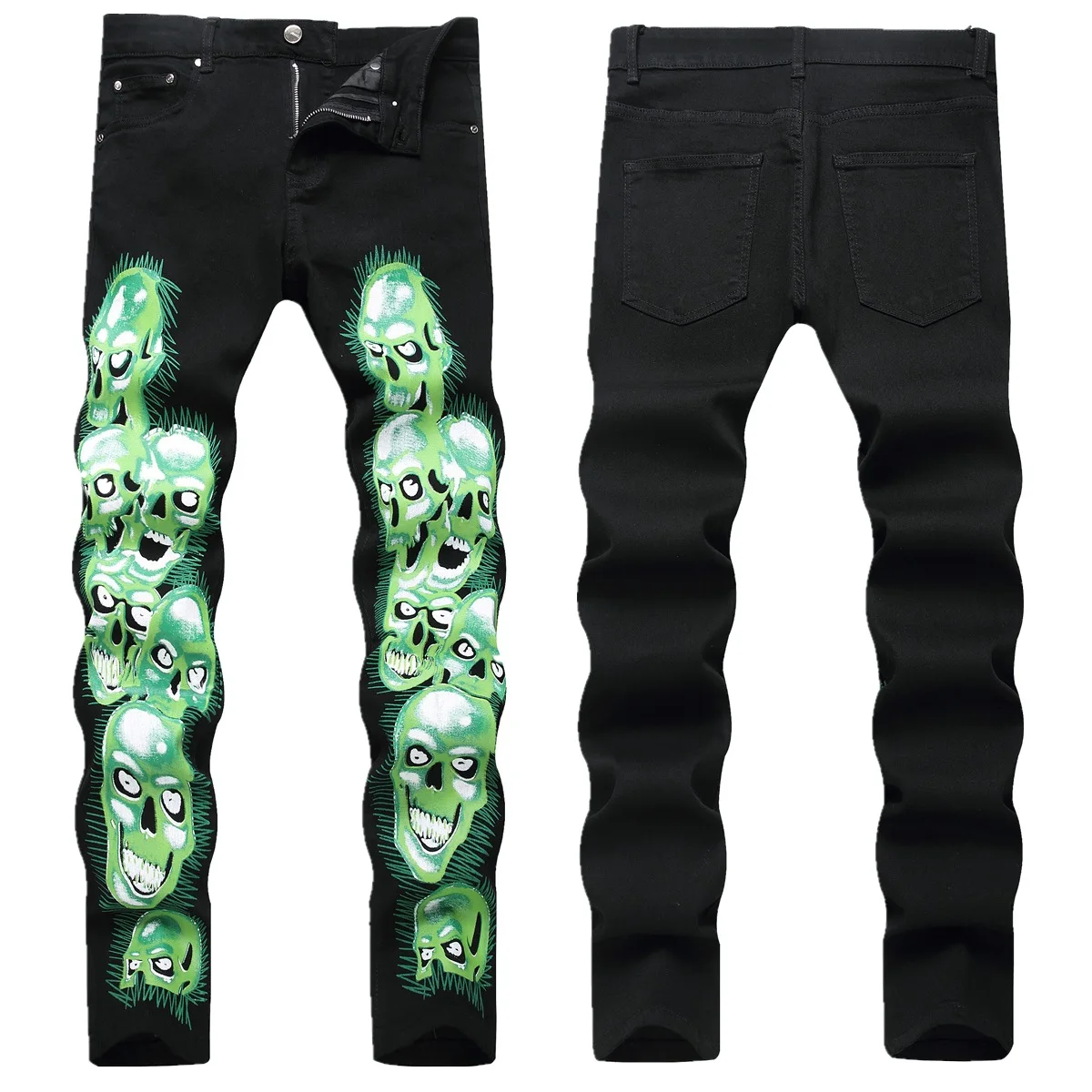 2025 New Mens Skinny Jeans High Street Hip-hop Slim Fit Stretch Pants Male Gothic Style Skull Fashion Trousers 42 Men Clothing