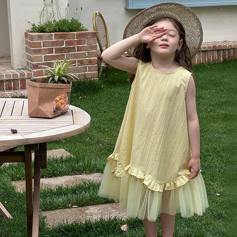 

Dress For Girl Princess Dress Sleeveless Kids Girls Clothes Children's Yellow Mesh Splicing Vest Dress Kids Girls Clothes Party