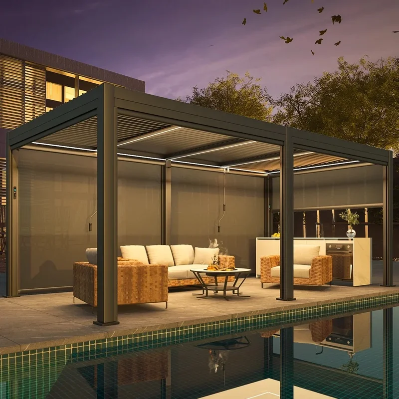 Anyhoo Custom LED Light Pergola Gazebo 6x3 3x4 Metal Motorized Waterproof Bioclimatic Aluminum Louver Powder Coated