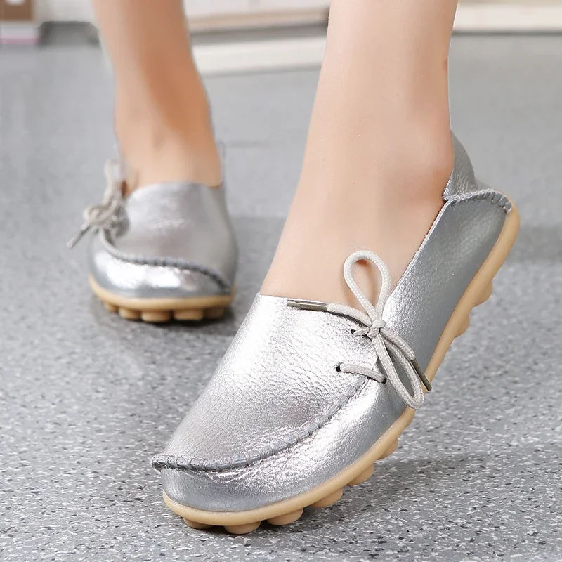 

Big Size 34-44 Moccasins Women Flats Autumn New Woman Loafers Genuine Leather Female Shoes Slip on Ballet Bowtie Women's Shoes
